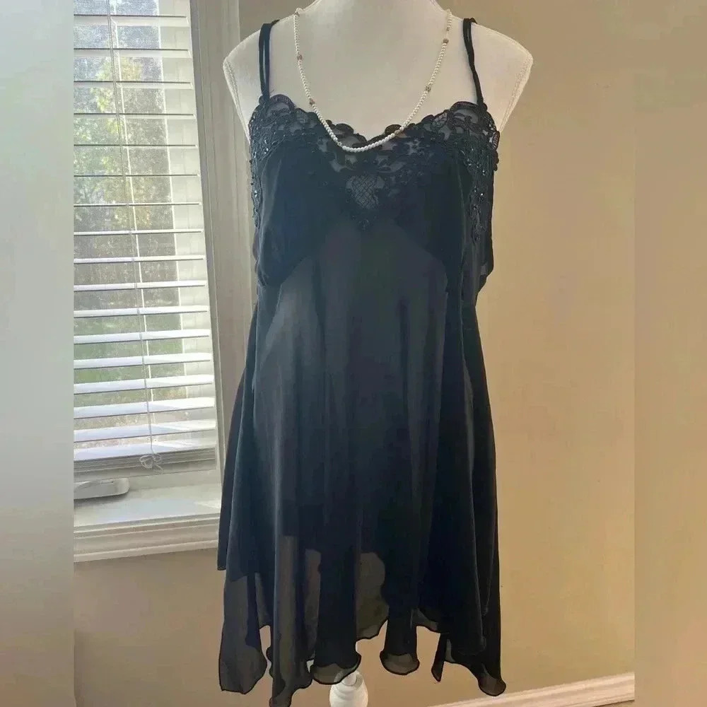 [14]Vintage  Jessica Lingerie Lace Beaded Black Slip Dress